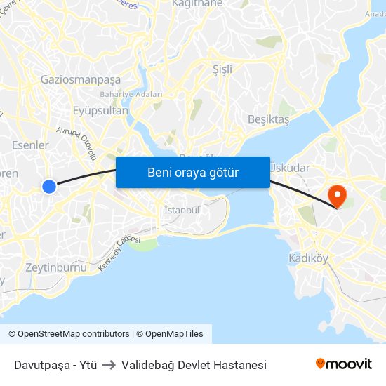 Davutpaşa - Ytü to Validebağ Devlet Hastanesi map