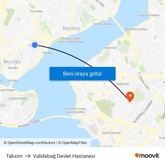 Taksim to Validebağ Devlet Hastanesi map