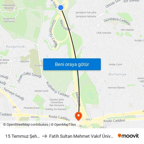 15 Temmuz Şehitler Köprüsü to Fatih Sultan Mehmet Vakıf Üniversitesi Eğitim Fakültesi map