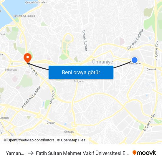 Yamanevler to Fatih Sultan Mehmet Vakıf Üniversitesi Eğitim Fakültesi map