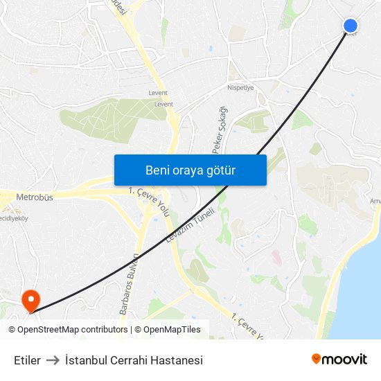 Etiler to İstanbul Cerrahi Hastanesi map