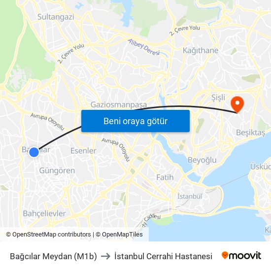 Bağcılar Meydan (M1b) to İstanbul Cerrahi Hastanesi map