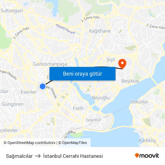 Sağmalcılar to İstanbul Cerrahi Hastanesi map