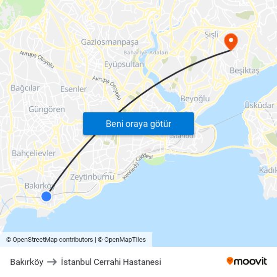 Bakırköy to İstanbul Cerrahi Hastanesi map