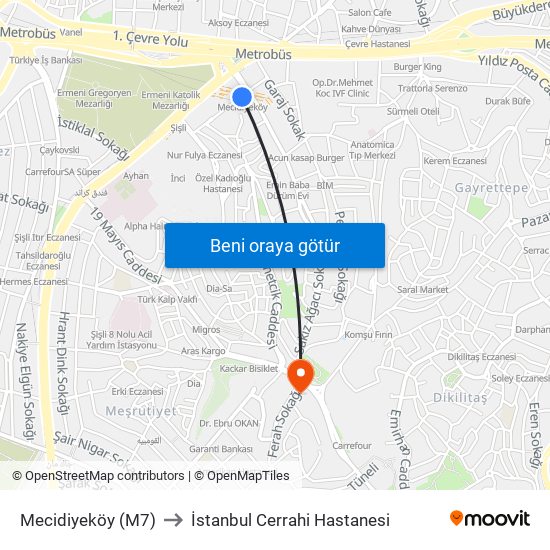 Mecidiyeköy (M7) to İstanbul Cerrahi Hastanesi map