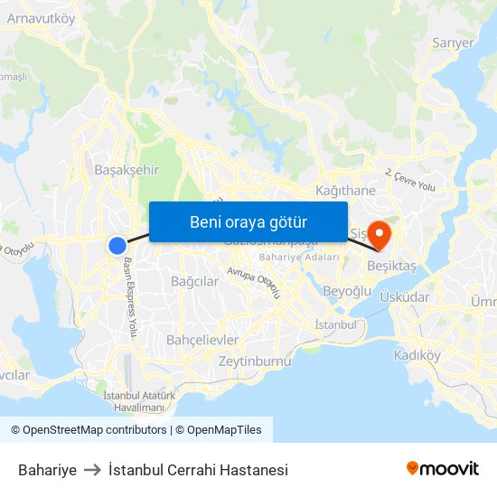 Bahariye to İstanbul Cerrahi Hastanesi map