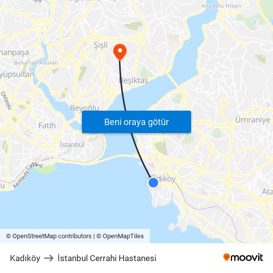 Kadıköy to İstanbul Cerrahi Hastanesi map