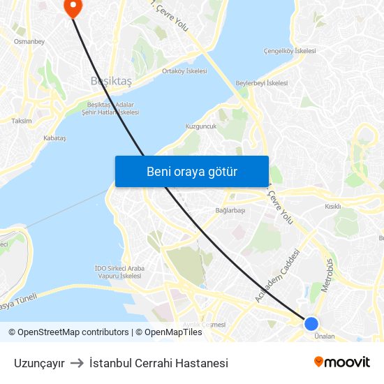 Uzunçayır to İstanbul Cerrahi Hastanesi map