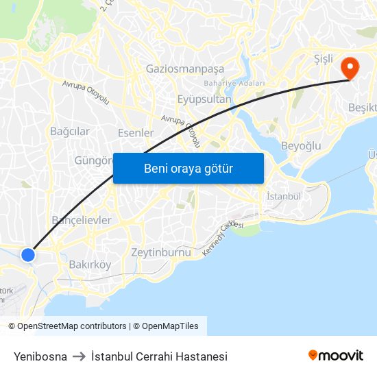 Yenibosna to İstanbul Cerrahi Hastanesi map