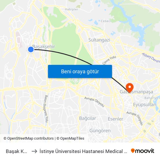 Başak Konutları to İstinye Üniversitesi Hastanesi Medical Park Gaziosmanpaşa map