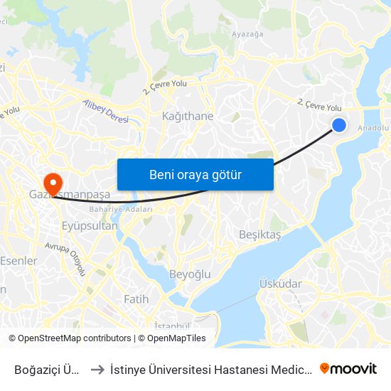 Boğaziçi Üniversitesi to İstinye Üniversitesi Hastanesi Medical Park Gaziosmanpaşa map