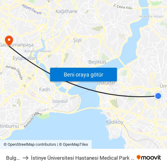 Bulgurlu to İstinye Üniversitesi Hastanesi Medical Park Gaziosmanpaşa map