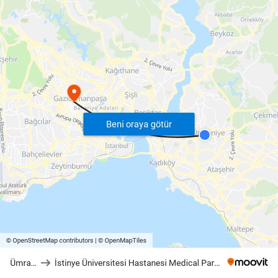 Ümraniye to İstinye Üniversitesi Hastanesi Medical Park Gaziosmanpaşa map