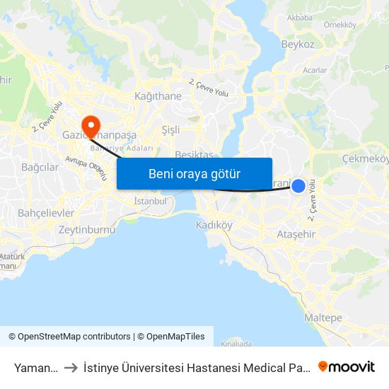 Yamanevler to İstinye Üniversitesi Hastanesi Medical Park Gaziosmanpaşa map