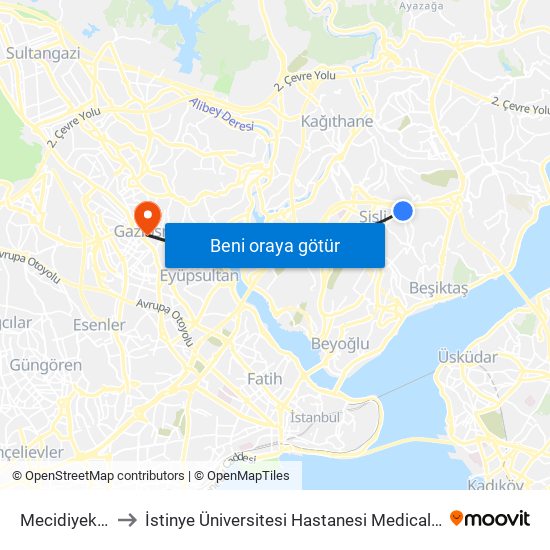 Mecidiyeköy (M7) to İstinye Üniversitesi Hastanesi Medical Park Gaziosmanpaşa map