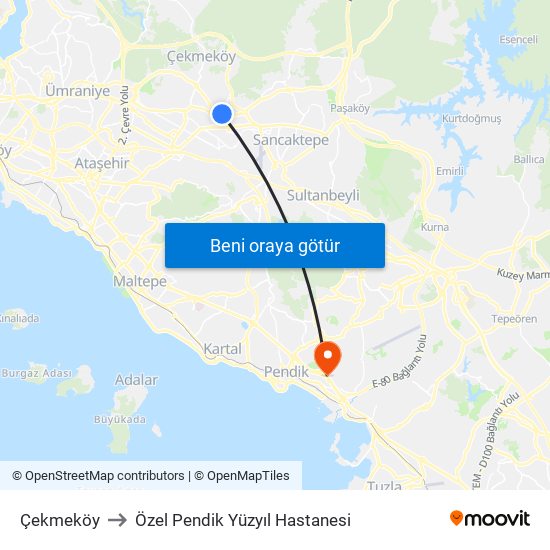 Çekmeköy to Özel Pendik Yüzyıl Hastanesi map