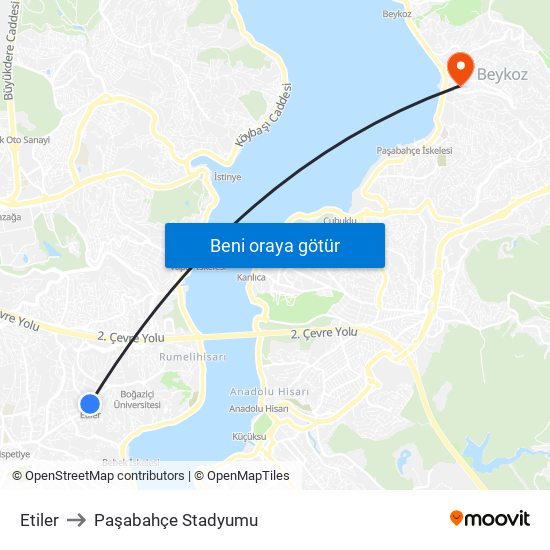 Etiler to Paşabahçe Stadyumu map