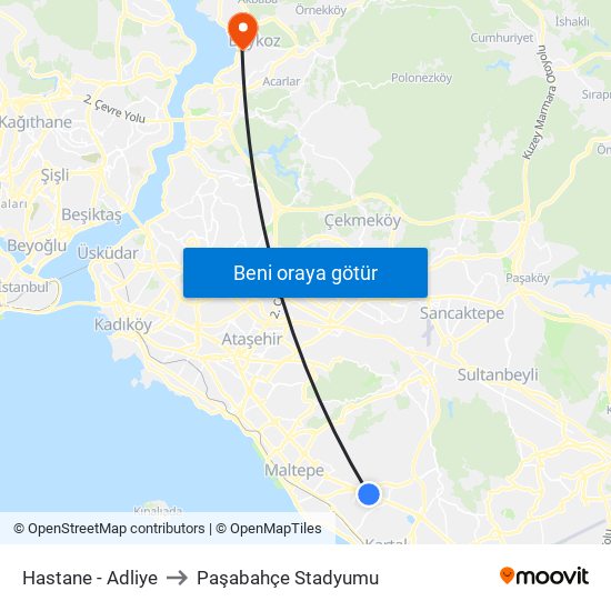 Hastane - Adliye to Paşabahçe Stadyumu map