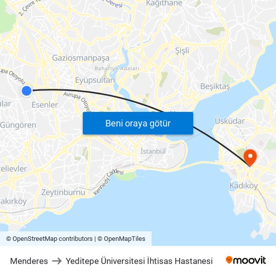 Menderes to Yeditepe Üniversitesi İhtisas Hastanesi map