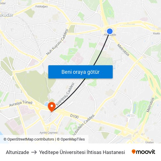 Altunizade to Yeditepe Üniversitesi İhtisas Hastanesi map