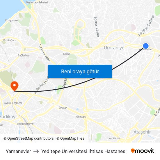 Yamanevler to Yeditepe Üniversitesi İhtisas Hastanesi map