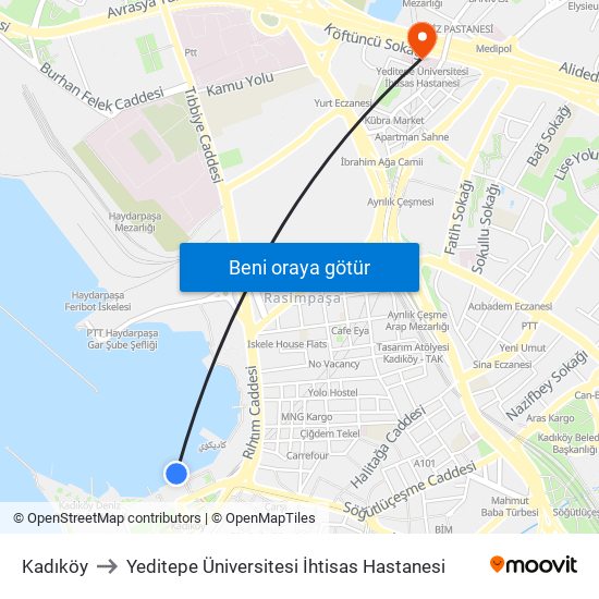 Kadıköy to Yeditepe Üniversitesi İhtisas Hastanesi map