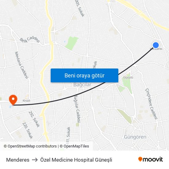Menderes to Özel Medicine Hospital Güneşli map