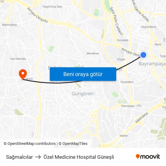 Sağmalcılar to Özel Medicine Hospital Güneşli map