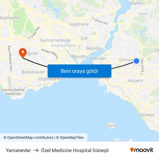 Yamanevler to Özel Medicine Hospital Güneşli map