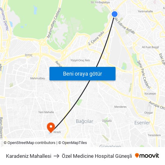 Karadeniz Mahallesi to Özel Medicine Hospital Güneşli map