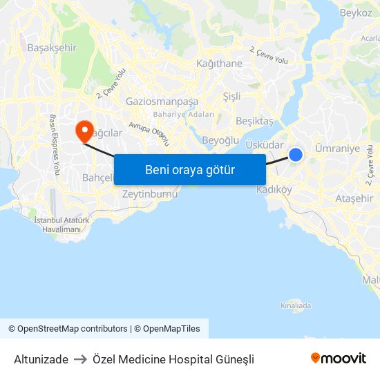 Altunizade to Özel Medicine Hospital Güneşli map