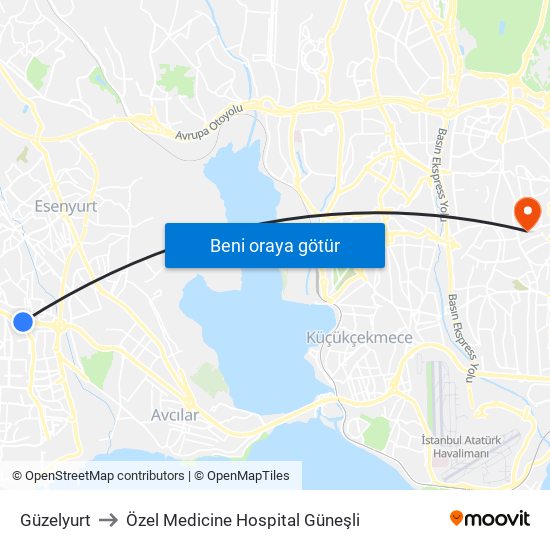 Güzelyurt to Özel Medicine Hospital Güneşli map