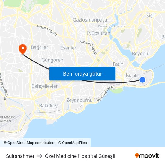 Sultanahmet to Özel Medicine Hospital Güneşli map