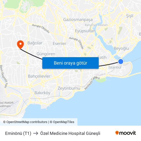 Eminönü (T1) to Özel Medicine Hospital Güneşli map