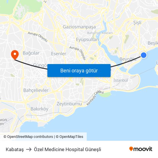 Kabataş to Özel Medicine Hospital Güneşli map