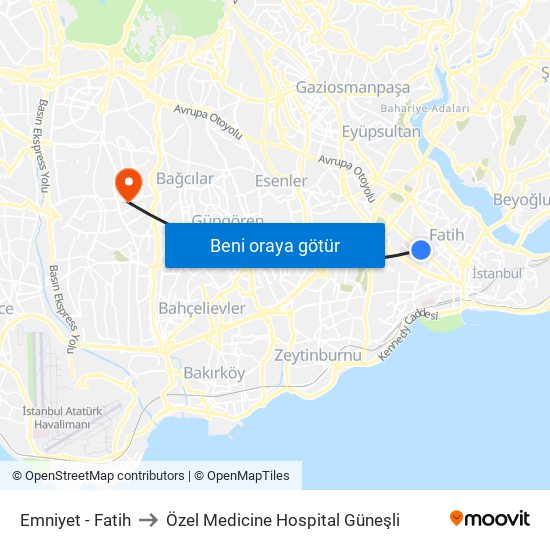 Emniyet - Fatih to Özel Medicine Hospital Güneşli map