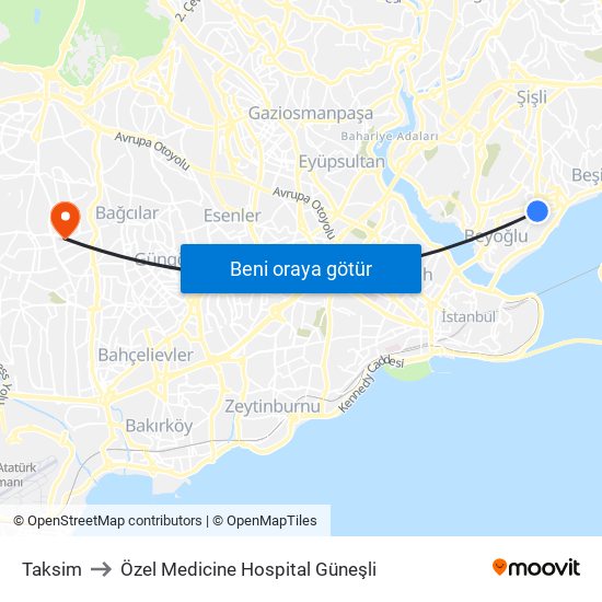 Taksim to Özel Medicine Hospital Güneşli map