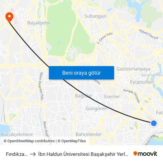 Fındıkzade to İbn Haldun Üniversitesi Başakşehir Yerleşkesi map