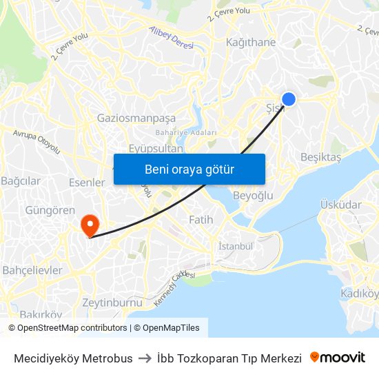 Mecidiyeköy Metrobus to İbb Tozkoparan Tıp Merkezi map