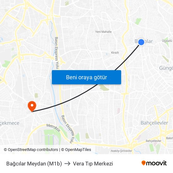 Bağcılar Meydan (M1b) to Vera Tıp Merkezi map