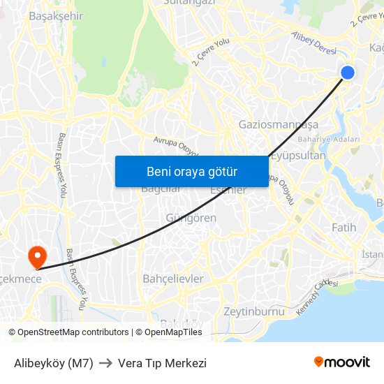 Alibeyköy (M7) to Vera Tıp Merkezi map