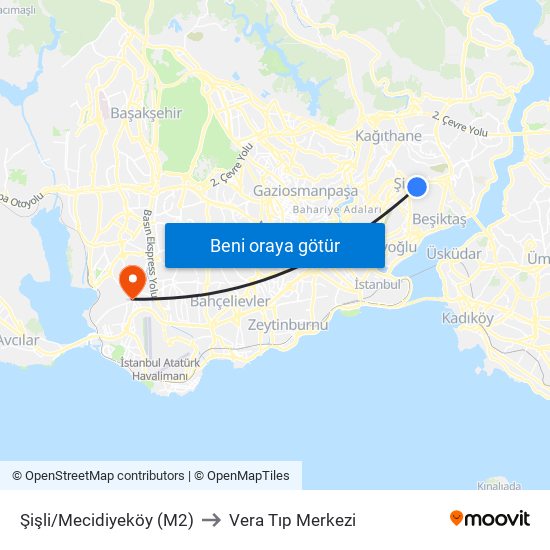 Şişli/Mecidiyeköy (M2) to Vera Tıp Merkezi map