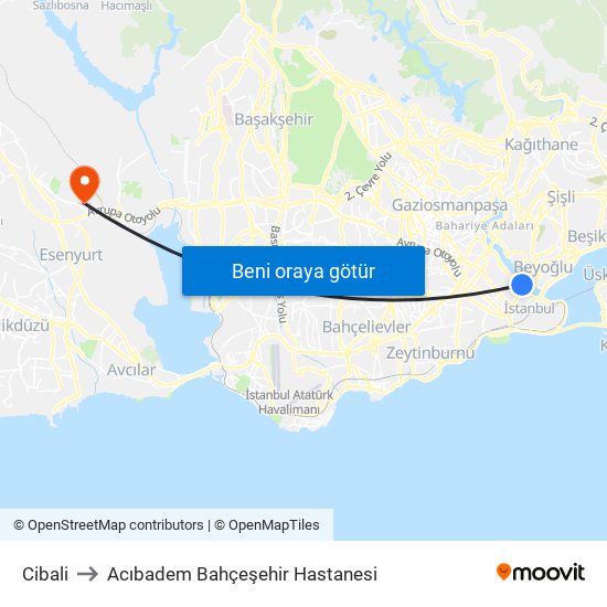 Cibali to Acıbadem Bahçeşehir Hastanesi map