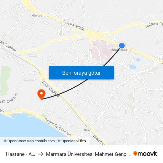 Hastane - Adliye to Marmara Üniversitesi Mehmet Genç Yerleşkesi map