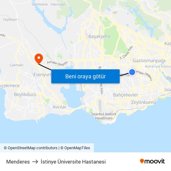 Menderes to İstinye Üniversite Hastanesi map