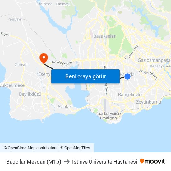 Bağcılar Meydan (M1b) to İstinye Üniversite Hastanesi map