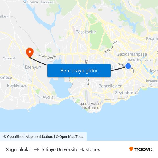 Sağmalcılar to İstinye Üniversite Hastanesi map