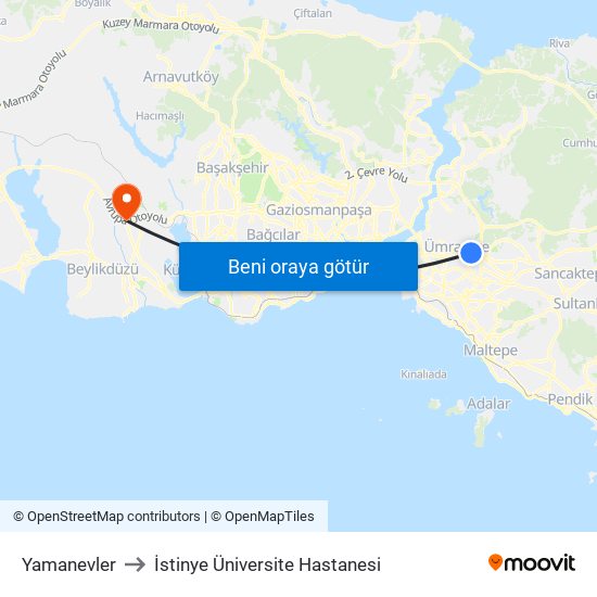 Yamanevler to İstinye Üniversite Hastanesi map