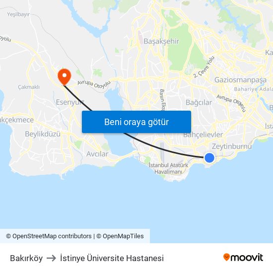 Bakırköy to İstinye Üniversite Hastanesi map