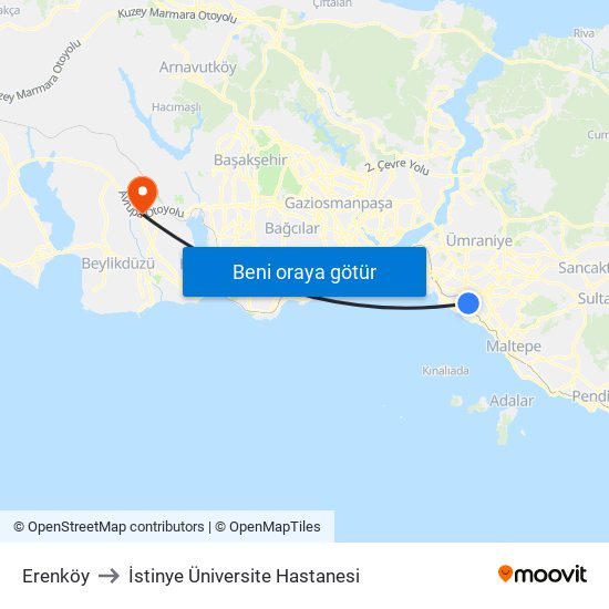 Erenköy to İstinye Üniversite Hastanesi map